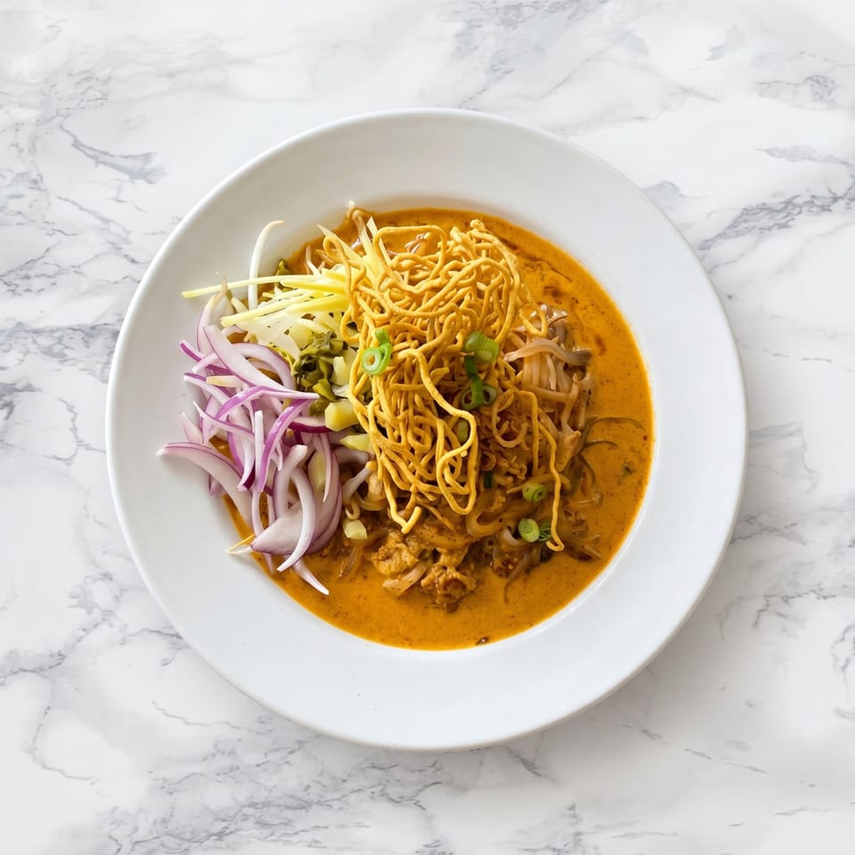 Khao Soi, a Thai curry noodle soup, garnished with crispy noodles, red onions, and green onions.