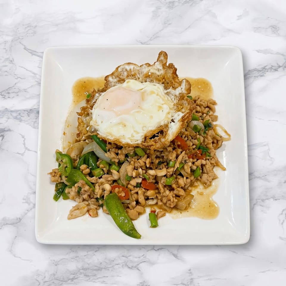Thai basil chicken with bell peppers, onions, and a fried egg on a white square plate.